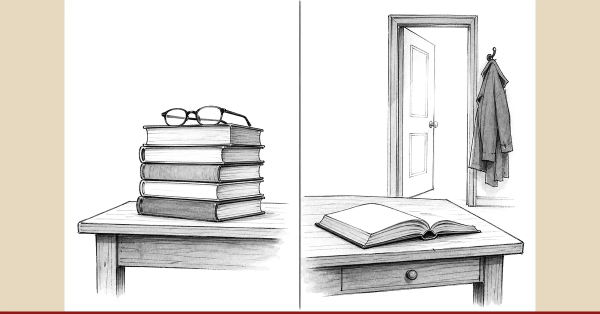 Bücher als Karte, nicht als Weg: Links der Bücherstapel, rechts die Person, die durch die Tür geht
