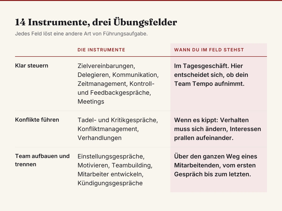 Führungsinstrumente: die 14 wichtigsten in drei Übungsfeldern geordnet