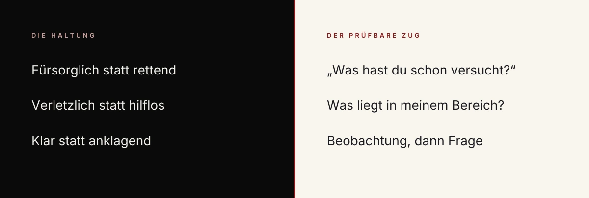 Gegenüberstellung: links die drei Haltungen aus Acey Choys Gewinner-Dreieck, rechts der jeweils dazugehörige konkrete Zug im Gespräch