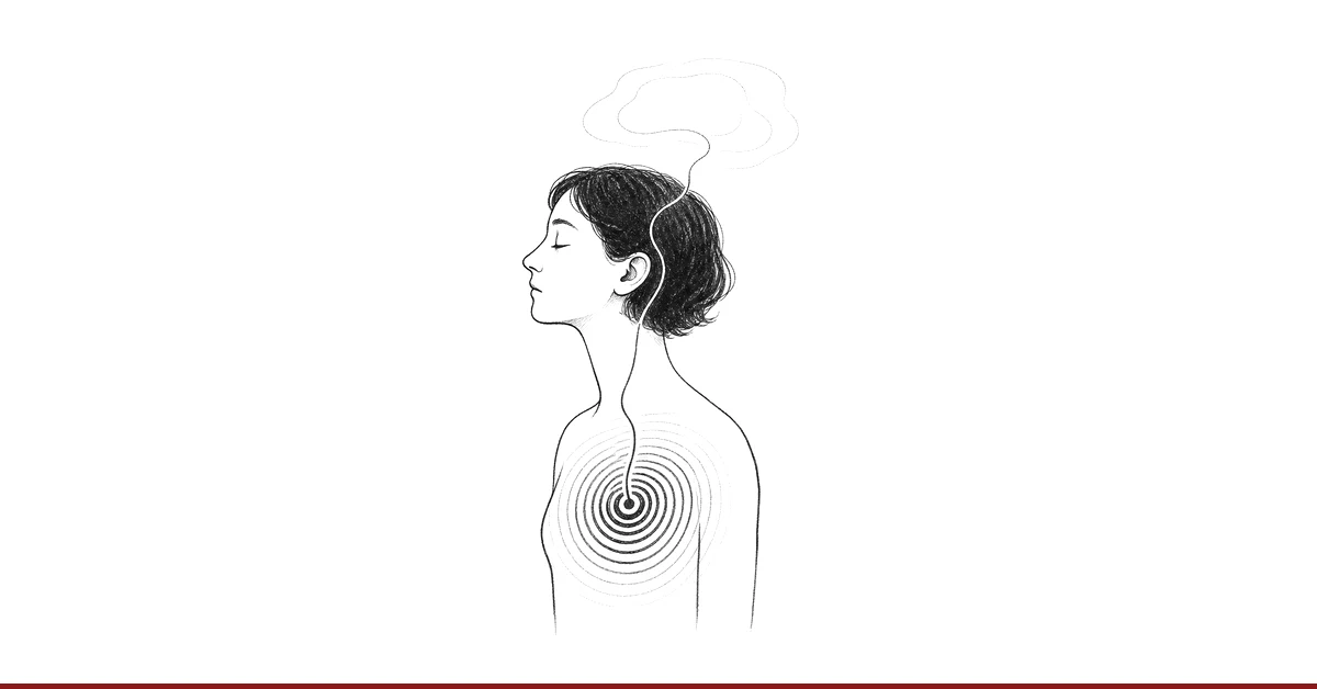Eine Figur im Profil: dichte Wellenringe sitzen bereits in der Brust, eine dünne Linie steigt zum Kopf, wo der Gedanke erst blass Form annimmt.