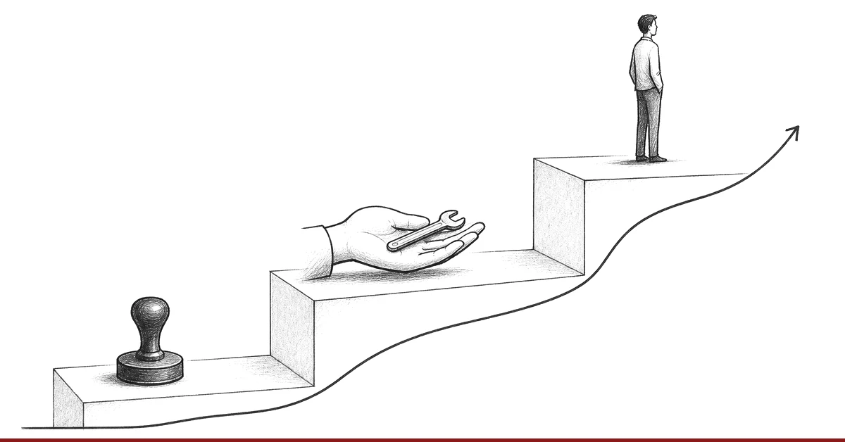 Drei Ebenen des Feedbacks als aufsteigende Treppe: Bewertung, Prozess, Selbststeuerung, die Wirkung steigt mit jeder Stufe