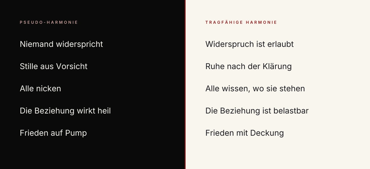 Vergleich Pseudo-Harmonie gegen tragfähige Harmonie: Stille aus Vorsicht gegen Ruhe nach der Klärung, Frieden auf Pump gegen Frieden mit Deckung