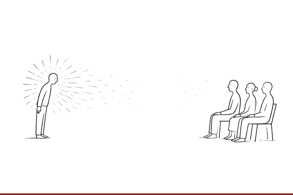 Eine Führungskraft strahlt Wärme aus, doch die Linien verblassen, bevor sie das wartende Team erreichen: ein Vakuum, wo Verbindung sein sollte
