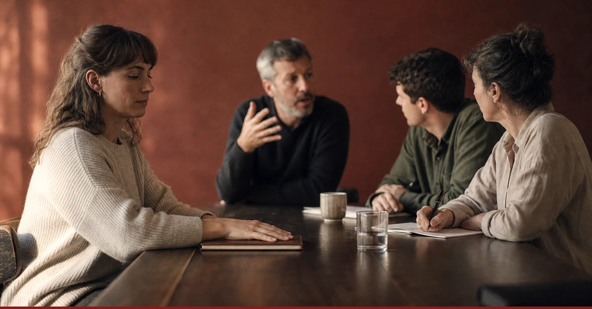 Vier Kolleginnen und Kollegen sitzen an einem dunklen Besprechungstisch. Drei sind ins Gespräch vertieft, eine Frau am linken Tischende schaut mit flach aufgelegten Händen auf ein geschlossenes Notizbuch nach unten.