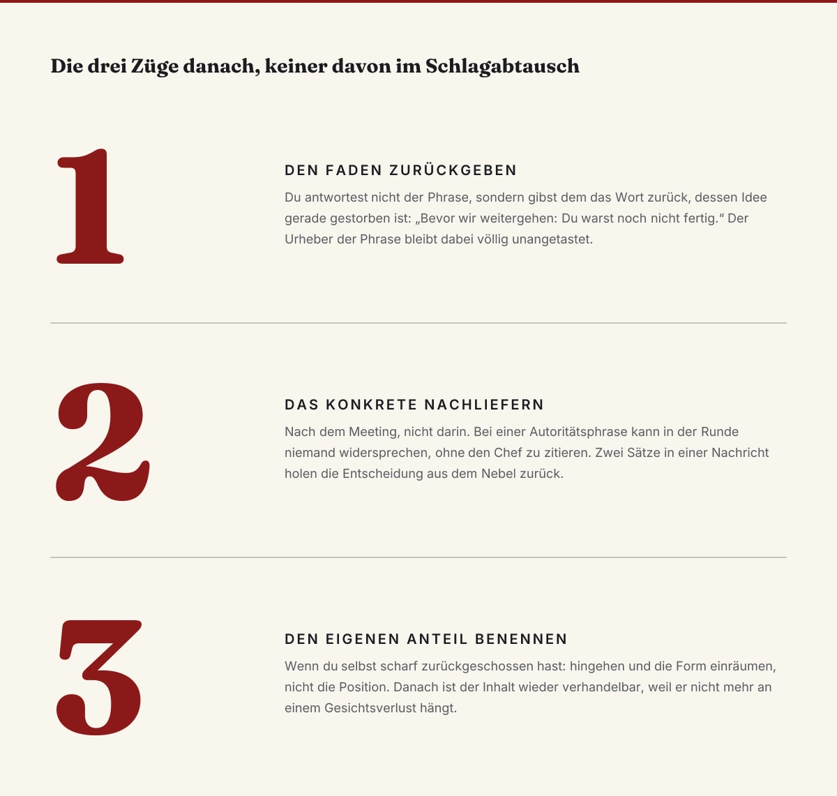 Killerphrasen entschärfen: die drei Züge, mit denen du ein Gespräch nach einer Killerphrase zurückholst, keiner davon im Moment des Schlagabtauschs