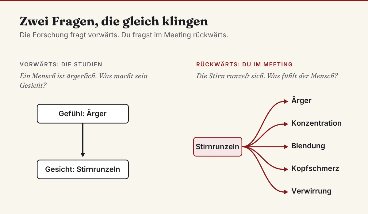 Die Forschung misst vom Gefühl zum Gesicht, der Beobachter liest vom Gesicht zum Gefühl, und dort fächern sich die Möglichkeiten auf