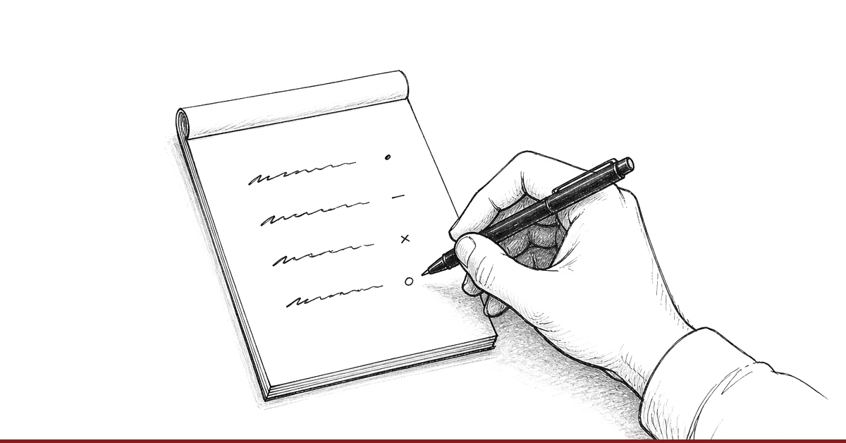 Bleistiftzeichnung: eine Hand hält einen Stift über einen Notizblock mit vier kurzen Zeilen und je einer Notiz daneben, beim letzten Eintrag schwebt der Stift über dem Papier.