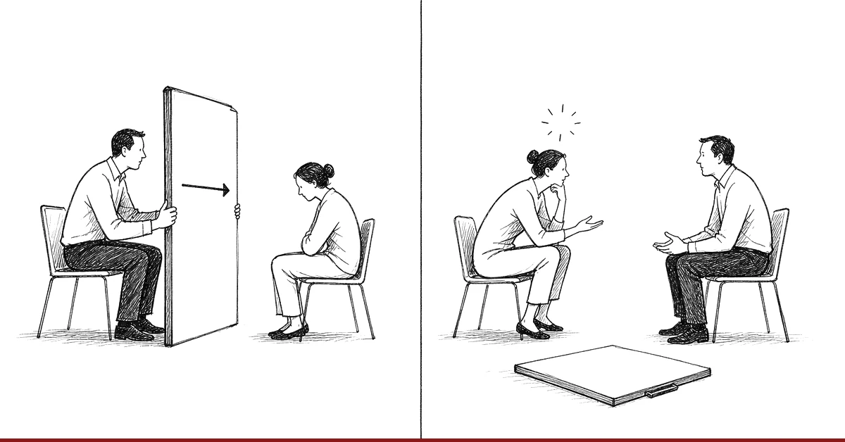 Zwei Arten, ein Mitarbeitergespräch zu führen: links das Formular als Wand mit Einbahn-Pfeil, rechts der offene Denkraum, in dem der Mitarbeiter selbst denkt.