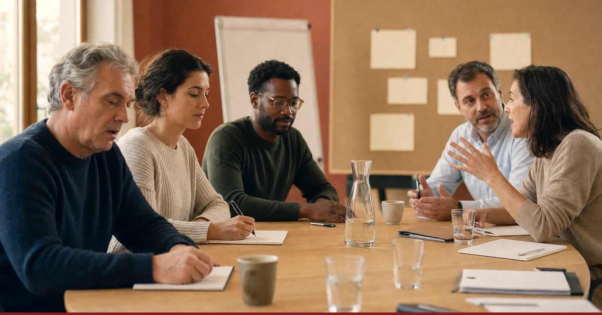 Fünf Menschen an einem ovalen Besprechungstisch. Rechts spricht eine Frau und gestikuliert, ein Kollege antwortet ihr. Links sehen drei Personen mit gesenktem Blick auf den Tisch, eine hat den Stift über einem leeren Block angehalten. Moderationstechniken im Meeting