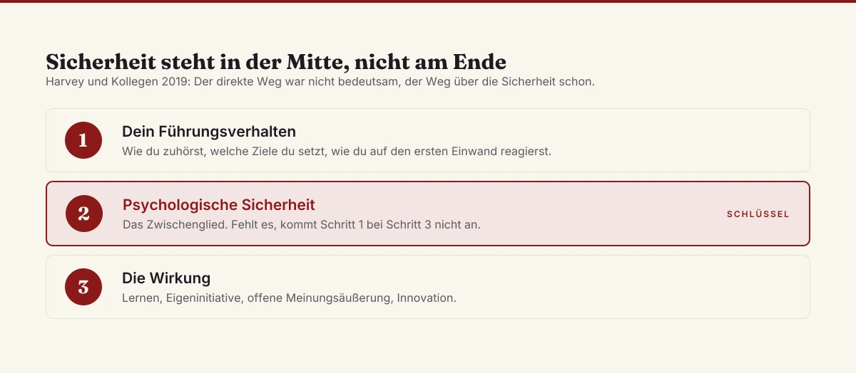 Wirkungskette in drei Schritten: Führungsverhalten wirkt nicht direkt auf Lernen und Eigeninitiative, sondern über die psychologische Sicherheit als Zwischenglied, ohne das die Wirkung nicht ankommt