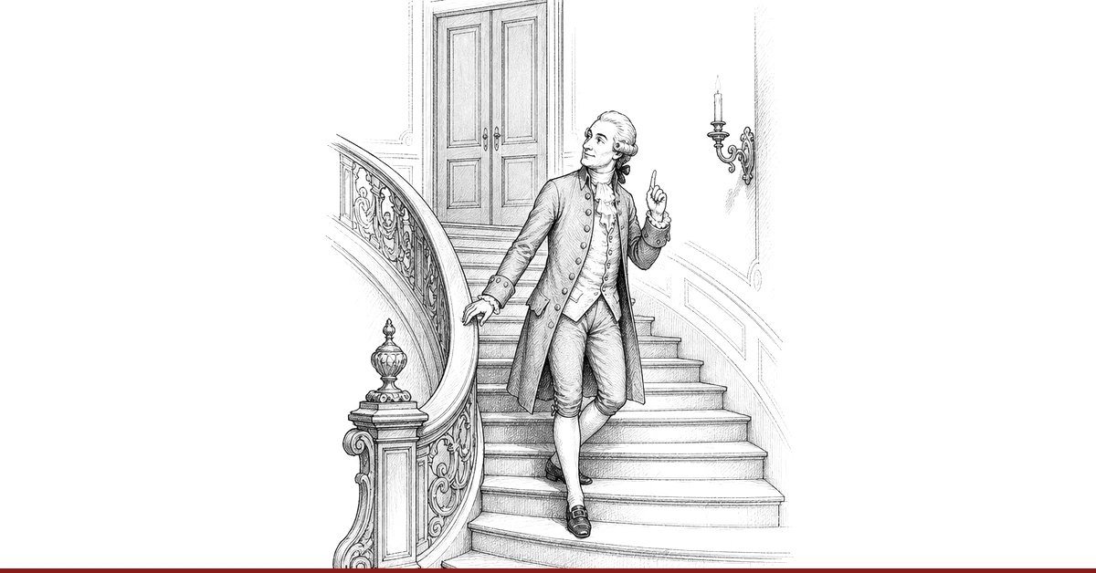 L'esprit de l'escalier nach Diderot: Ein Gast auf der Treppe dreht sich zur geschlossenen Salontür um, weil ihm die Antwort erst jetzt einfällt