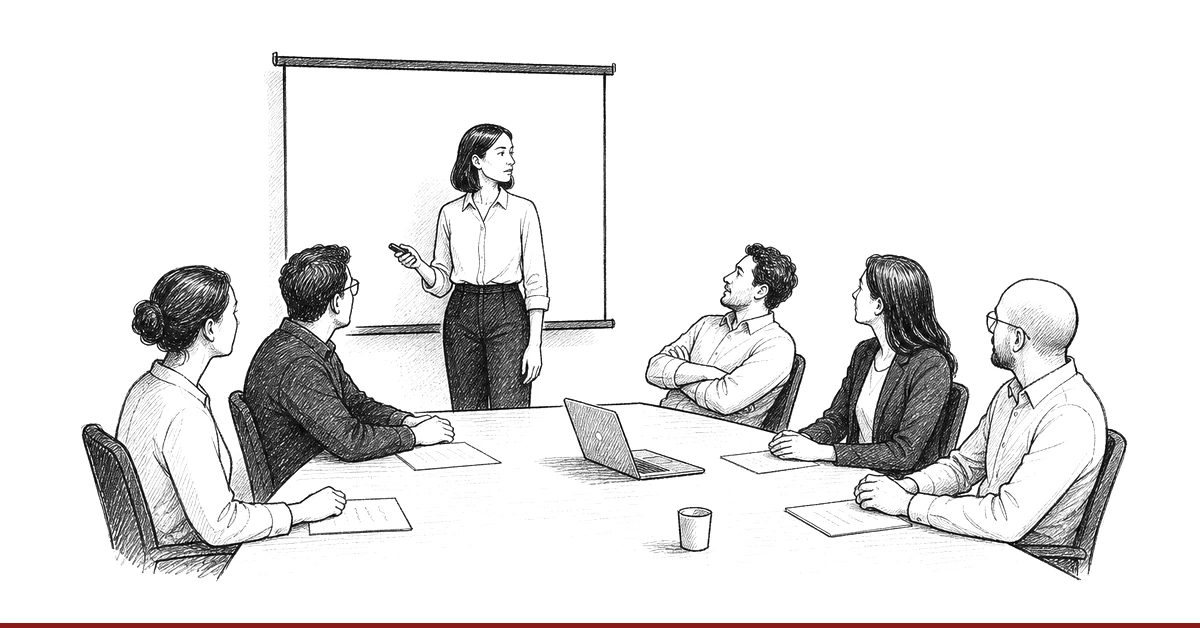 Schlagfertigkeit am Arbeitsplatz: Nach einer spitzen Bemerkung im Meeting schauen alle zur Kollegin, die gerade präsentiert