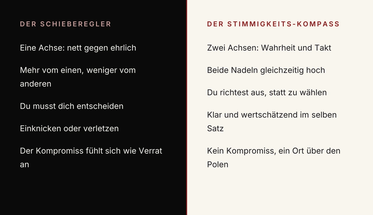 Selbstbewusst kommunizieren – der eindimensionale Schieberegler zwischen nett und ehrlich gegenüber dem zweidimensionalen Stimmigkeits-Kompass mit zwei unabhängigen Achsen | Michael Katzmann
