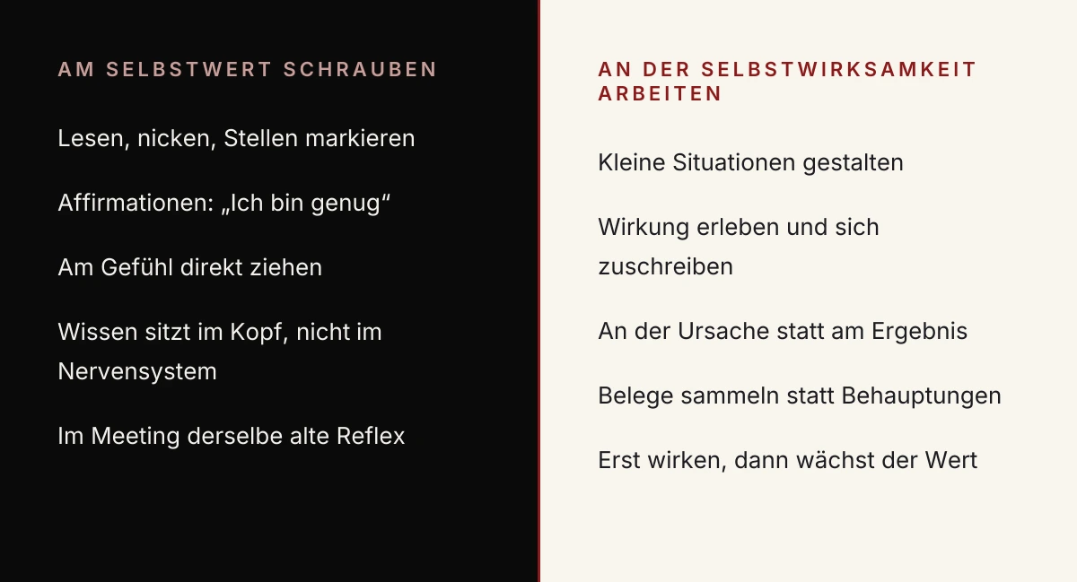 Kontrast zwischen dem Arbeiten am Selbstwert (lesen, affirmieren, am Gefühl ziehen) und dem Arbeiten an der Selbstwirksamkeit (Situationen gestalten, Wirkung erleben und sich zuschreiben)