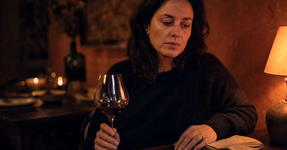 Eine Frau sitzt abends an einem Tisch, das Weinglas in der Hand, der Blick leicht abwesend: die Frage, was sie eigentlich will, bleibt unbeantwortet