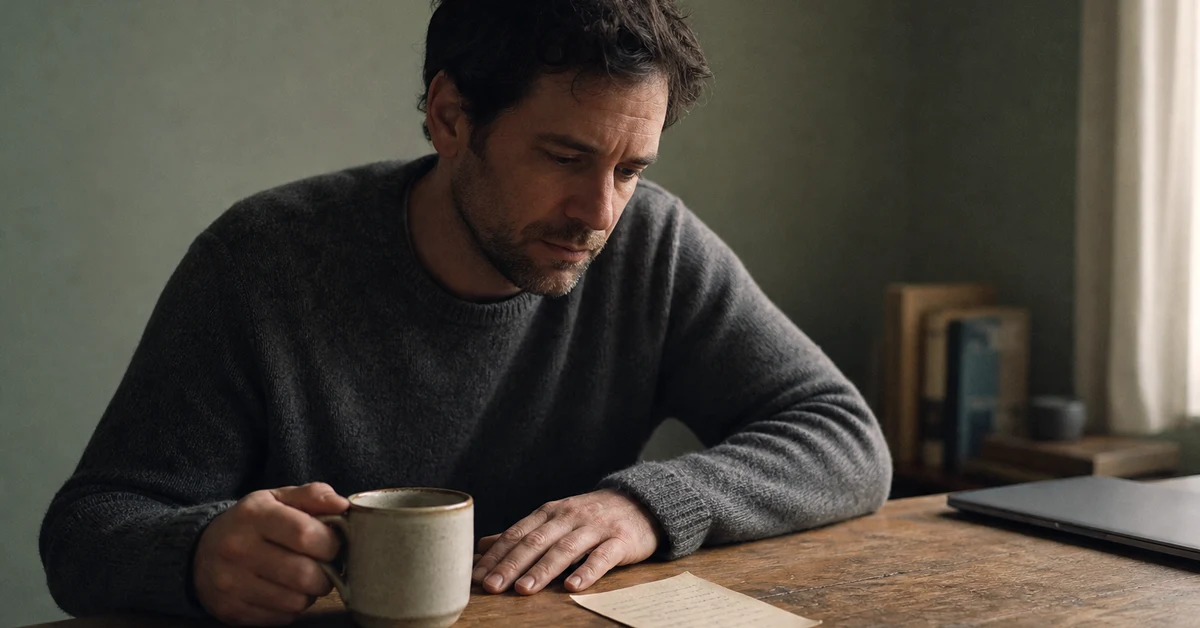 Ein Mann sitzt morgens am Schreibtisch und blickt auf einen alten handgeschriebenen Zettel, eine Hand am Kaffeebecher, der Kiefer leicht angespannt: das Ziel, das seit Monaten daliegt